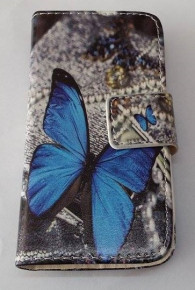 Кожен калъф тефтер стойка за HTC Wildfire синя пеперуда